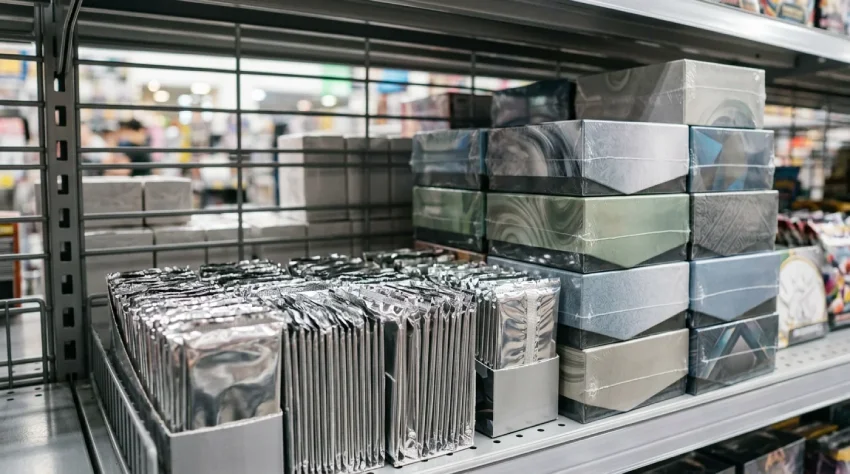 Fóliové balíčky a zapečetěné boxy na prodejním regálu