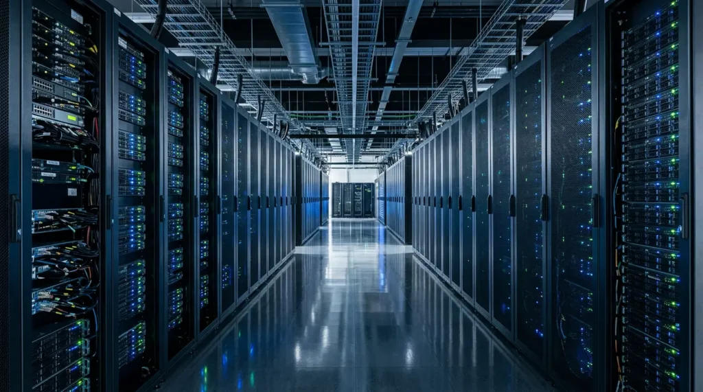 Moderní serverovna s řadami serverů a modrými světélky